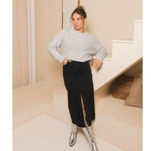 Happily Grey Women's Raw Hem Black Denim Midi Skirt